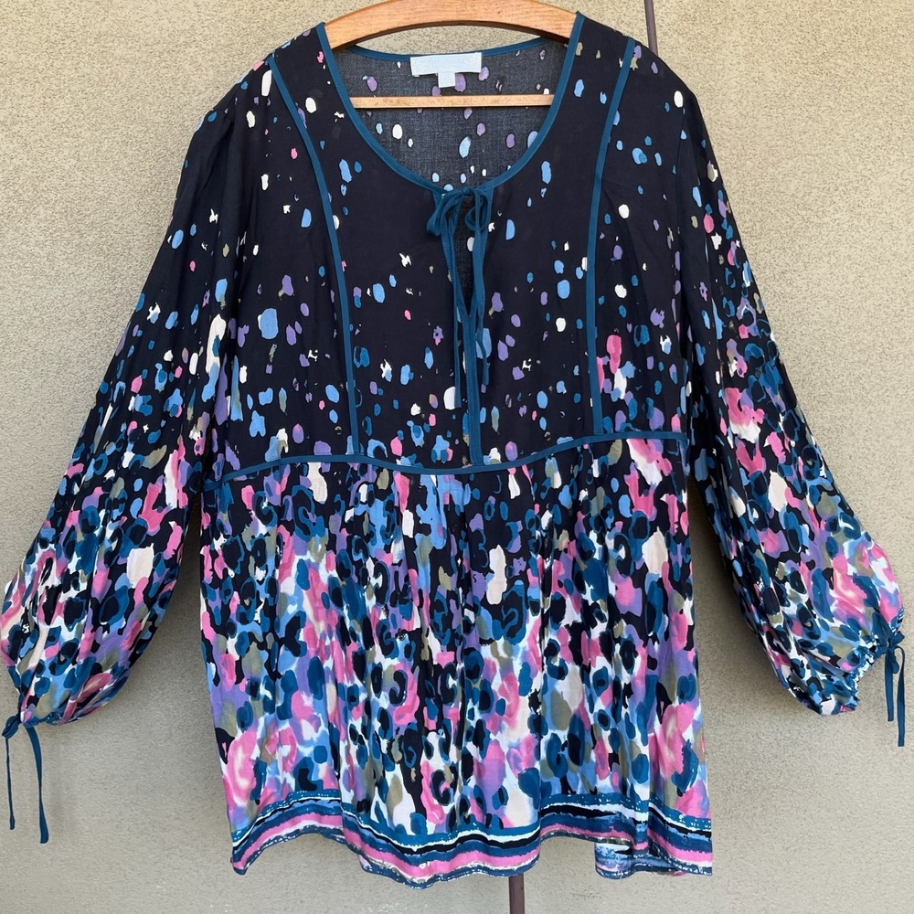 Suzanne Betro Weekend Blouse Tunic Pastel Long Sleeve Abstract Artsy Plus Sz 1X